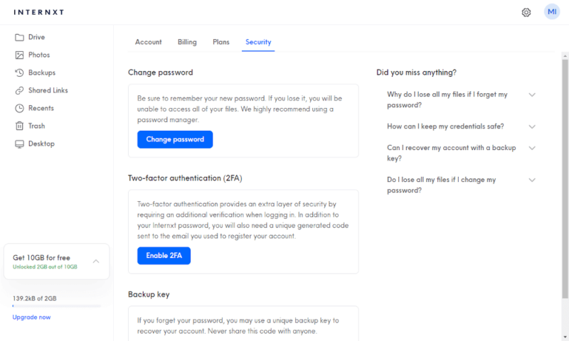 internxt review web settings page