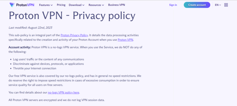 protonvpn privacy policy