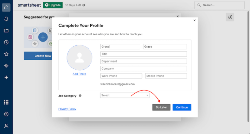 smartsheet complete profile tab