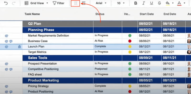 smartsheet outdent child rows
