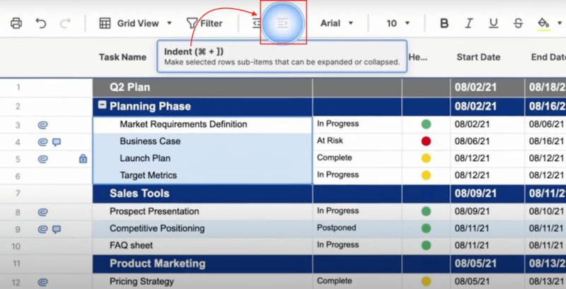 smartsheet parent and child rows