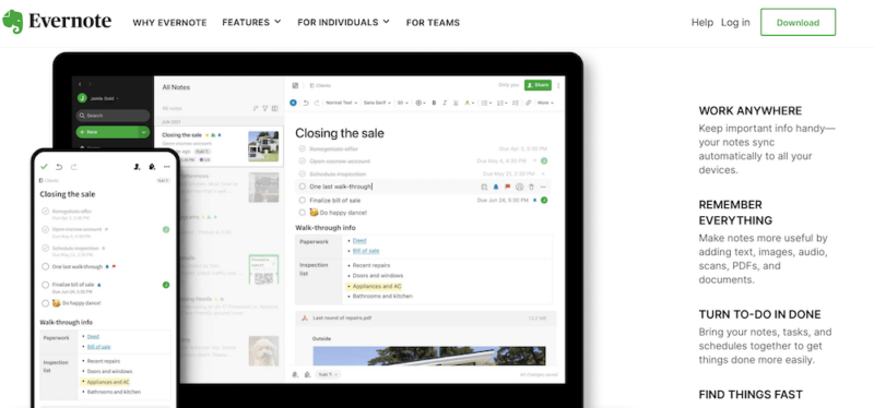 Evernote homepage