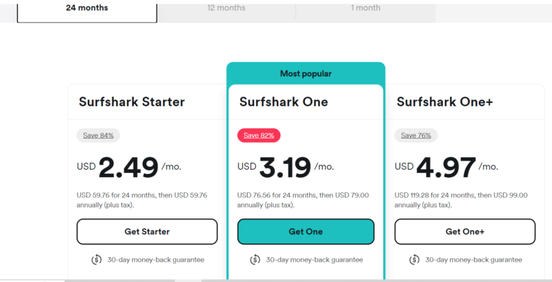 Surfshark pricing