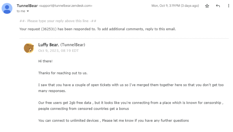 TunnelBear email support