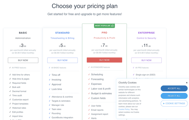 clockify pricing