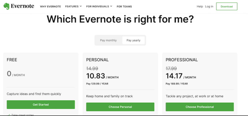 evernote pricing