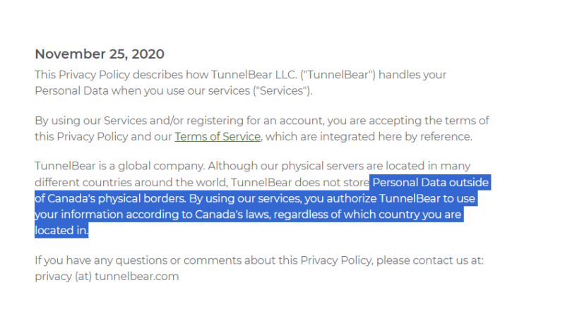 tunnelbear privacy policy