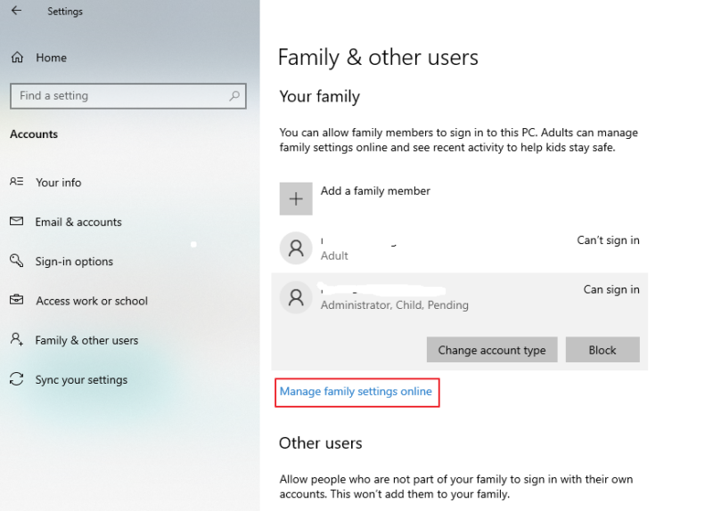 windows family settings