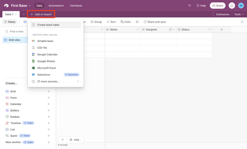 create table or import data step3