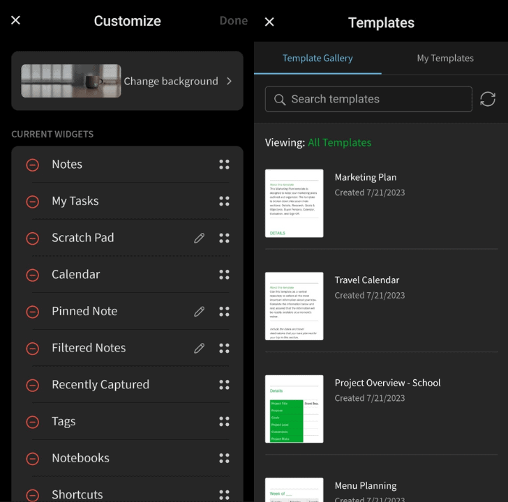 Evernote-interface Evernote interface