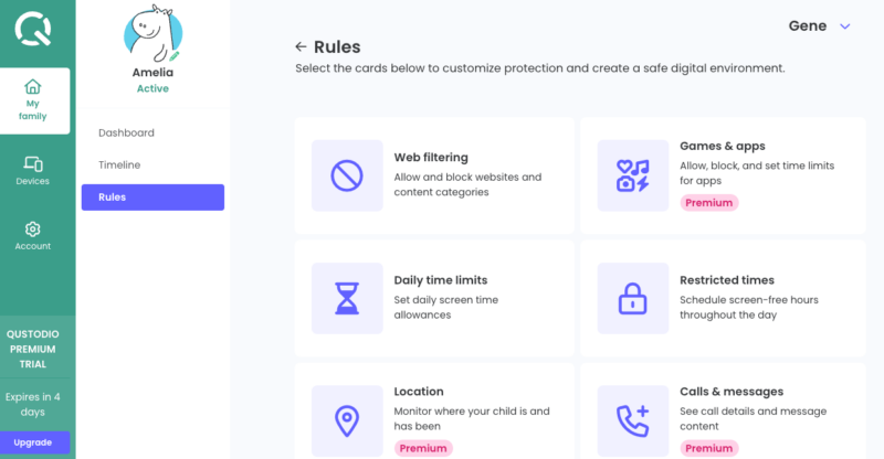 Qustodio rules dashboard