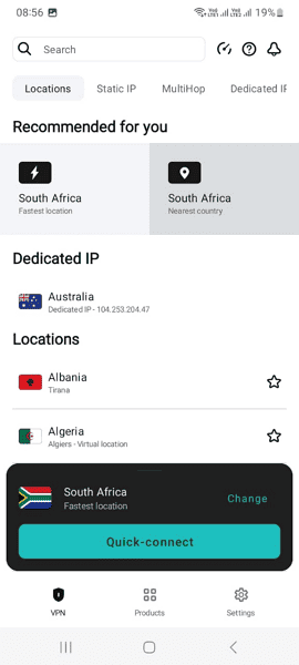 Surfshark Android app UI