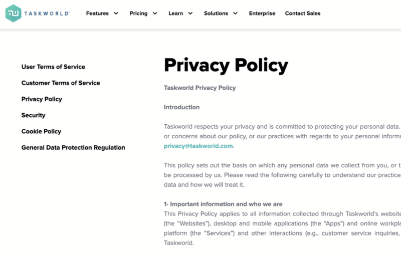 taskworld privacy