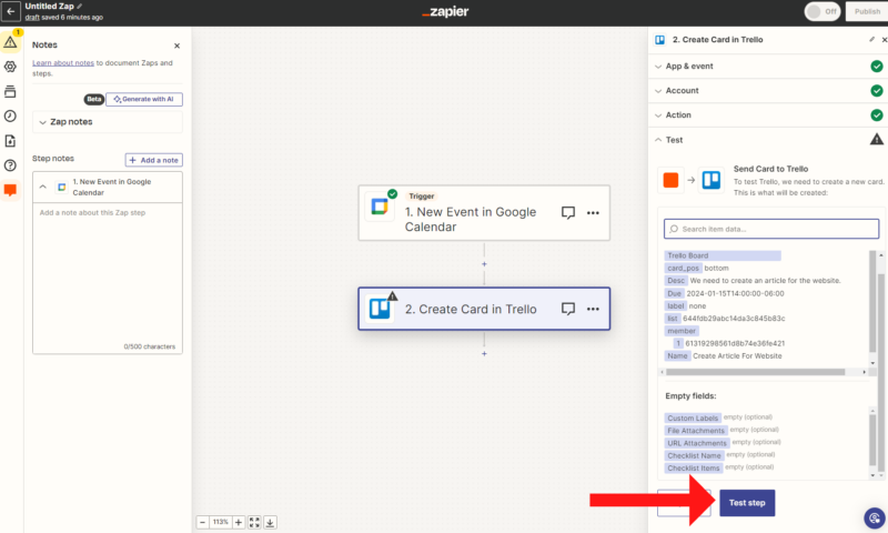 zapier test step