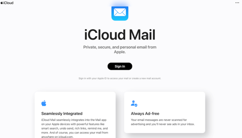 iCloud mail homepage