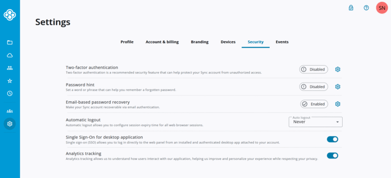 sync.com security settings NEW