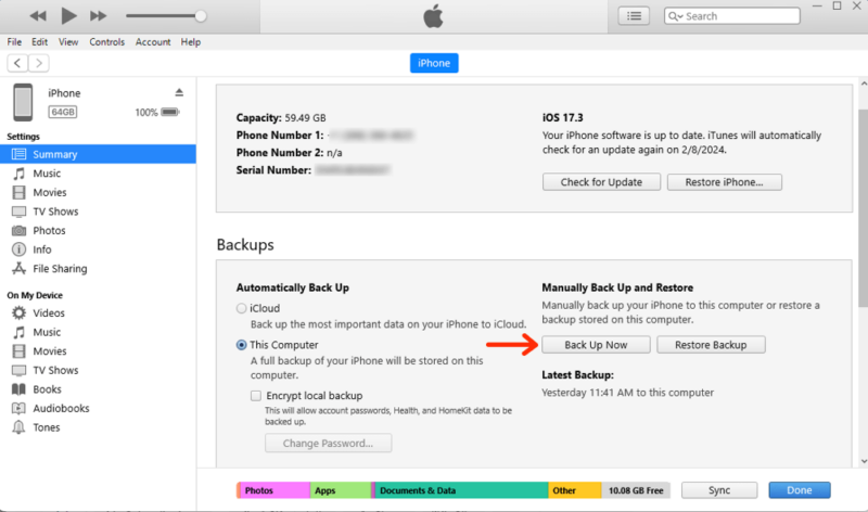 windows iphone backup now