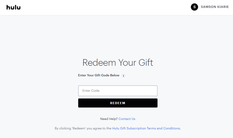 Redeem Hulu gift card