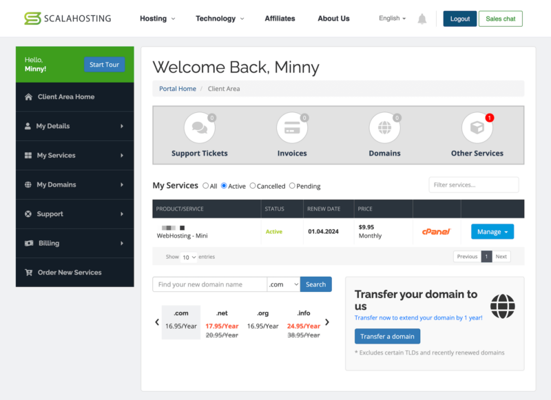 scalahosting dashboard