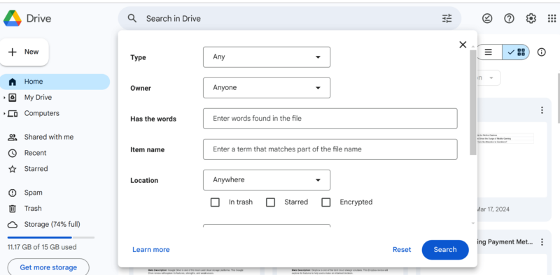 google drive advanced search