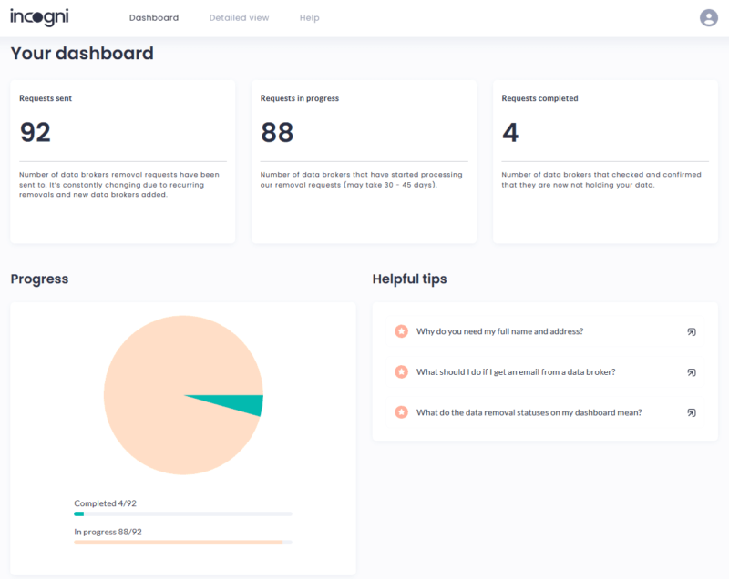 incogni dashboard