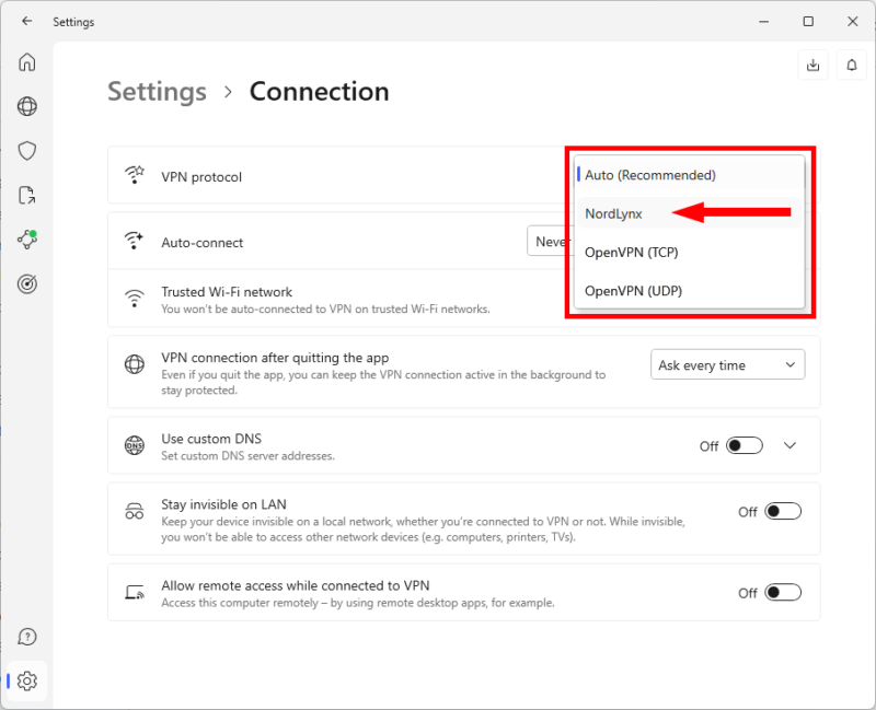 nordvpn vpn protocol settings