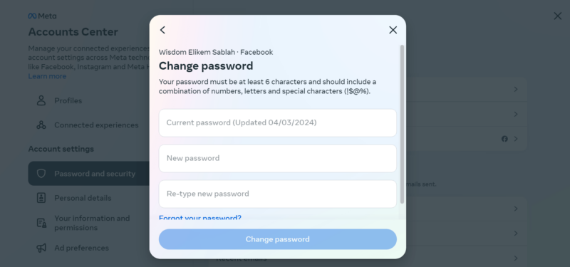 change facebook password