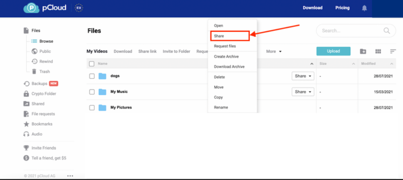 pcloud file sharing option