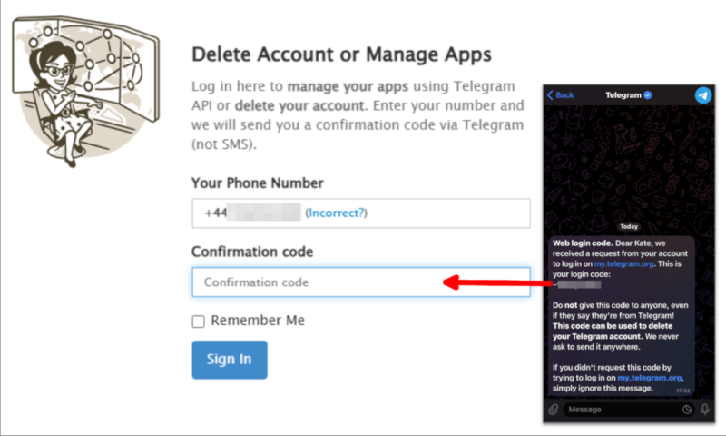delete telegram confirmation code