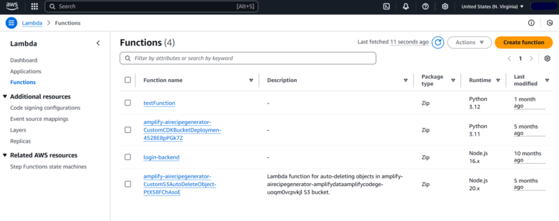 lambda The Lambda console showing deployed Lambda functions