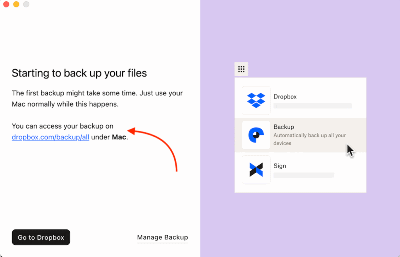 Dropbox backup begins