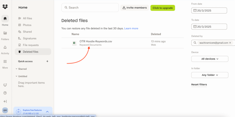 Dropbox chosen file to restore