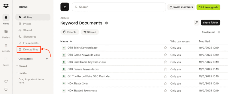 Dropbox deleted files button