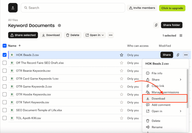 Dropbox download dropdown