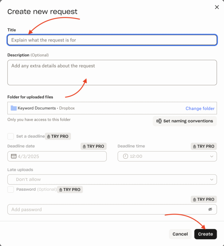 Dropbox file request title