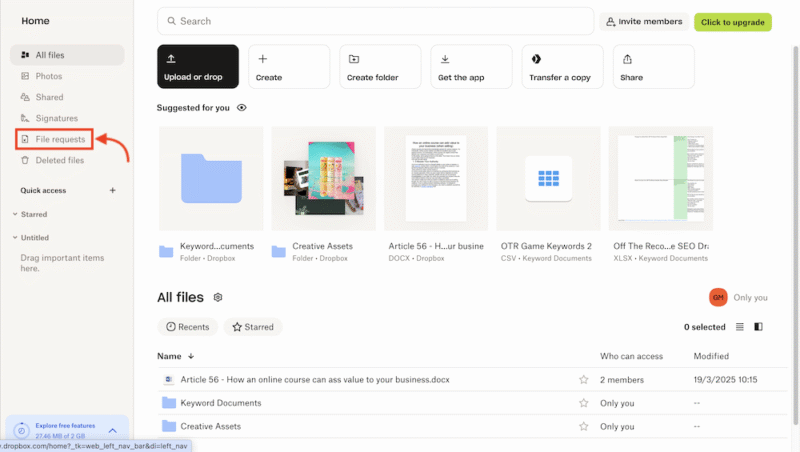 Dropbox file requests button