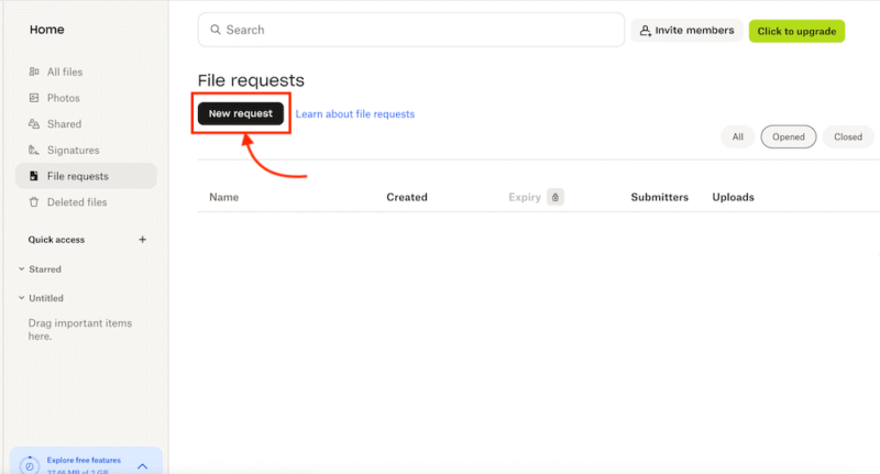 Dropbox new requests button