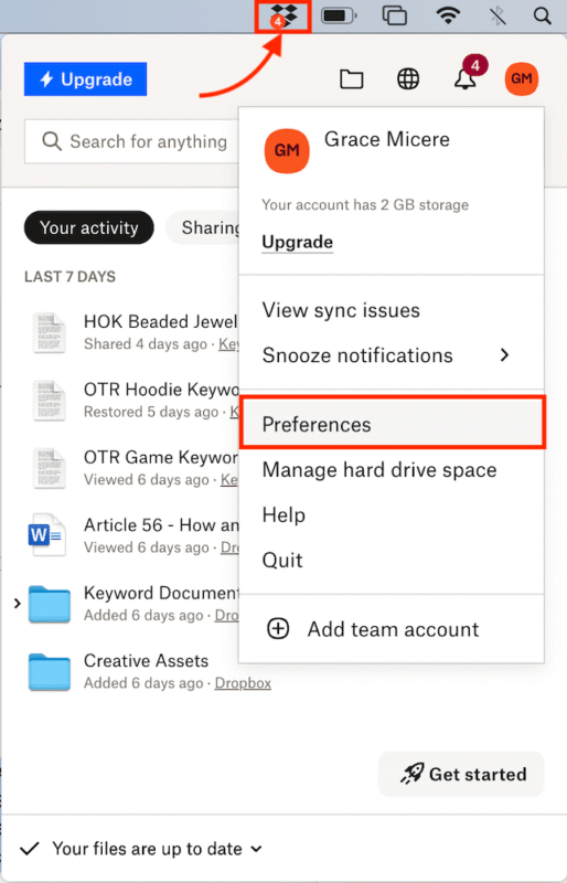 Dropbox taskbar