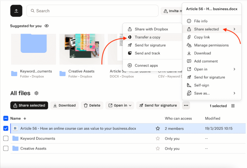 Dropbox transfer menu