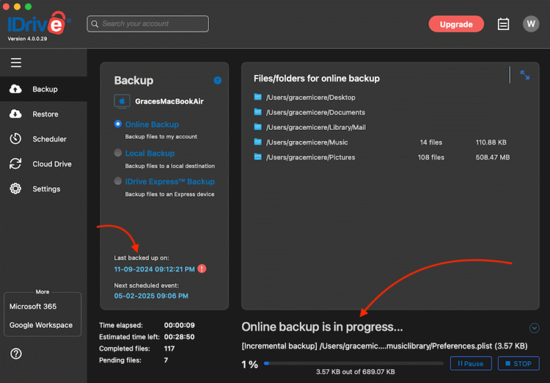 IDrive backup process