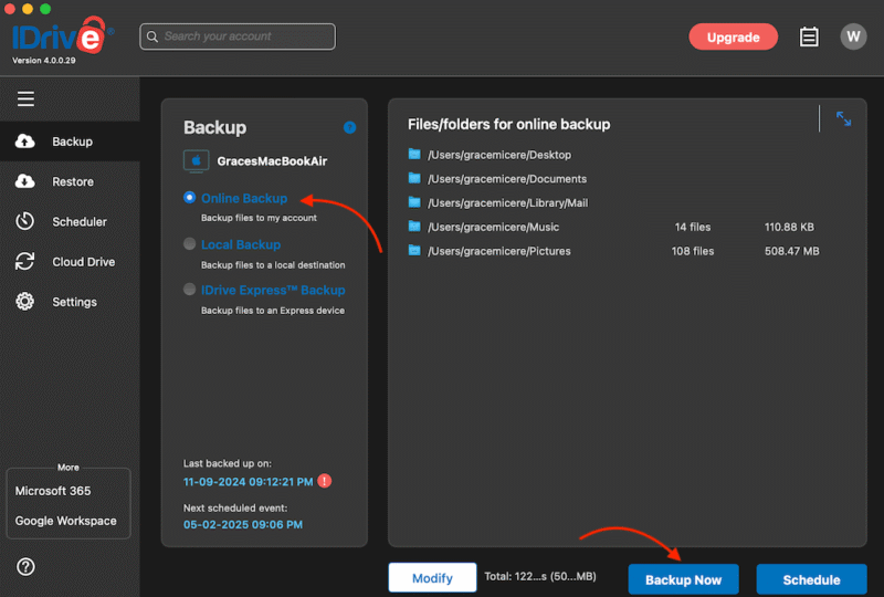 IDrive begin backup