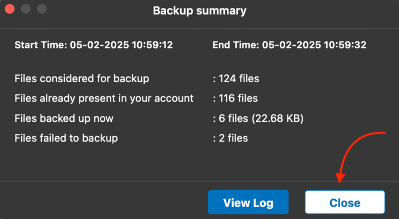 IDrive completed backup window