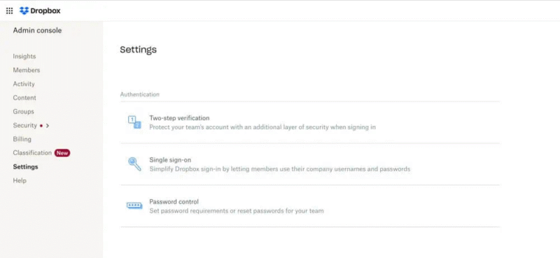 dropbox business security settings