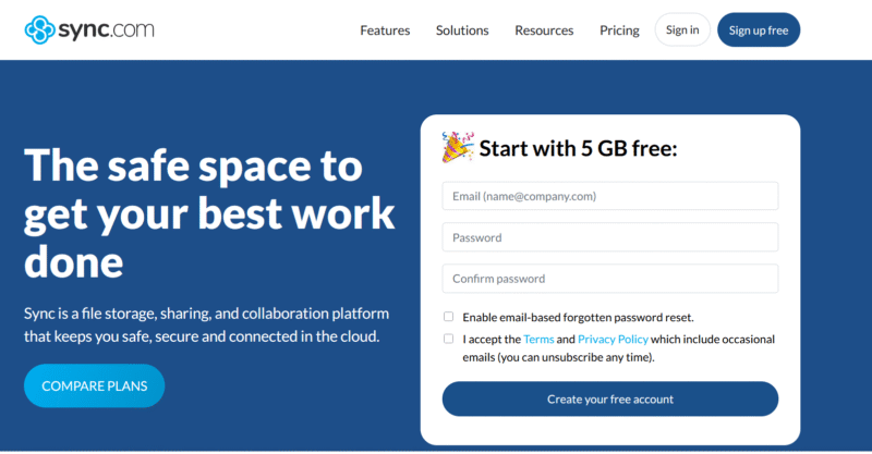Sync.com homepage 2025
