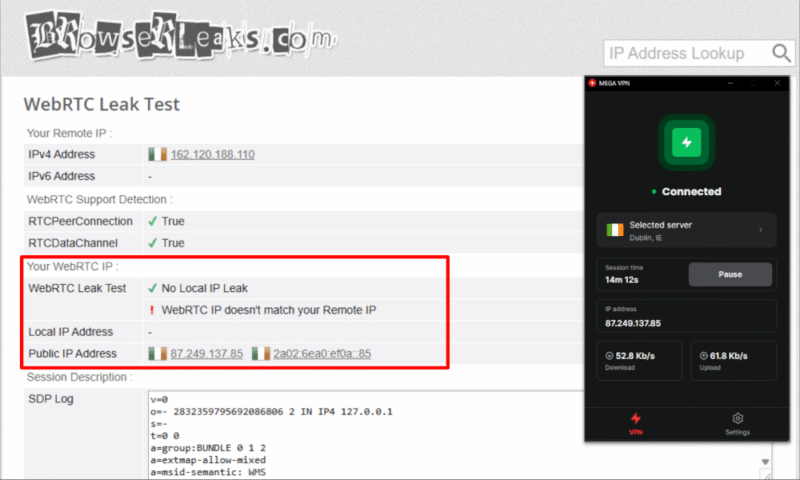 mega vpn webrtc leak test