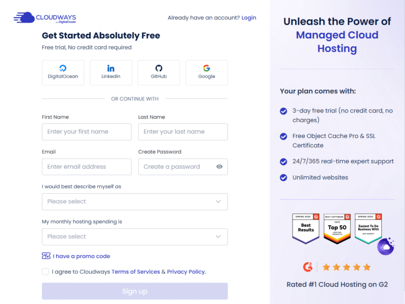 Cloudways signup