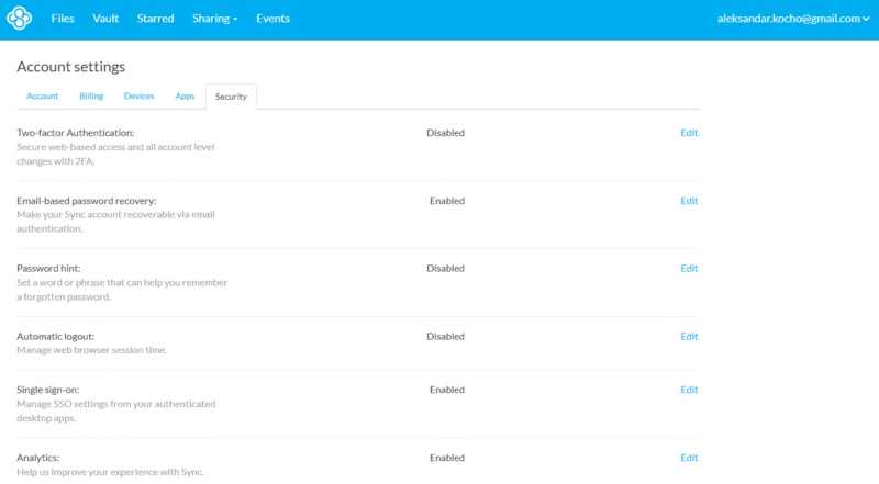 sync.com security settings