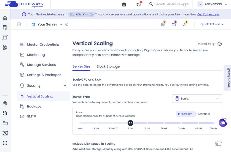 Vertical scaling on Cloudways