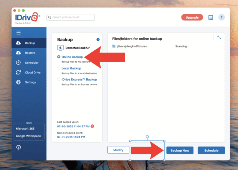 Idrive run backup