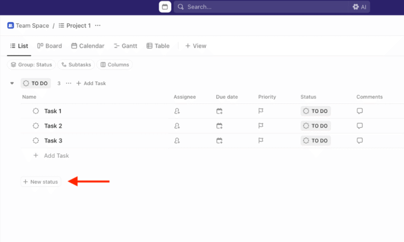 add new status in clickup